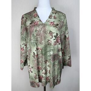 Blair Women’s XL Top Popover V-neck 3/4 Sleeves Green Floral Feminine Casual